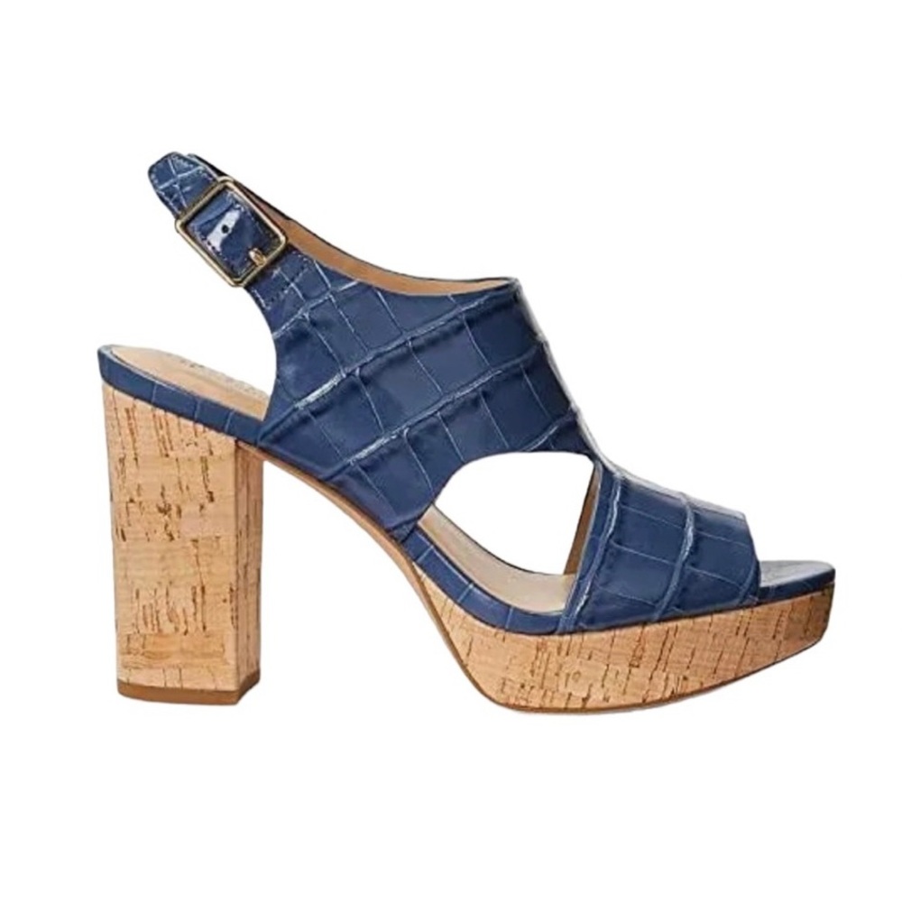 NEW Lauren Ralph Lauren Feona Crocodile Embossed Blue Leather Platform Size 5.5